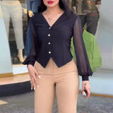 New European And American Style Fashion Mesh Patchwork Button Shirt Top