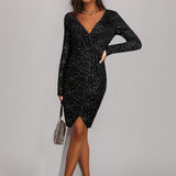Elegant Women's Clothing Deep V-neck Sequins Hip Dress